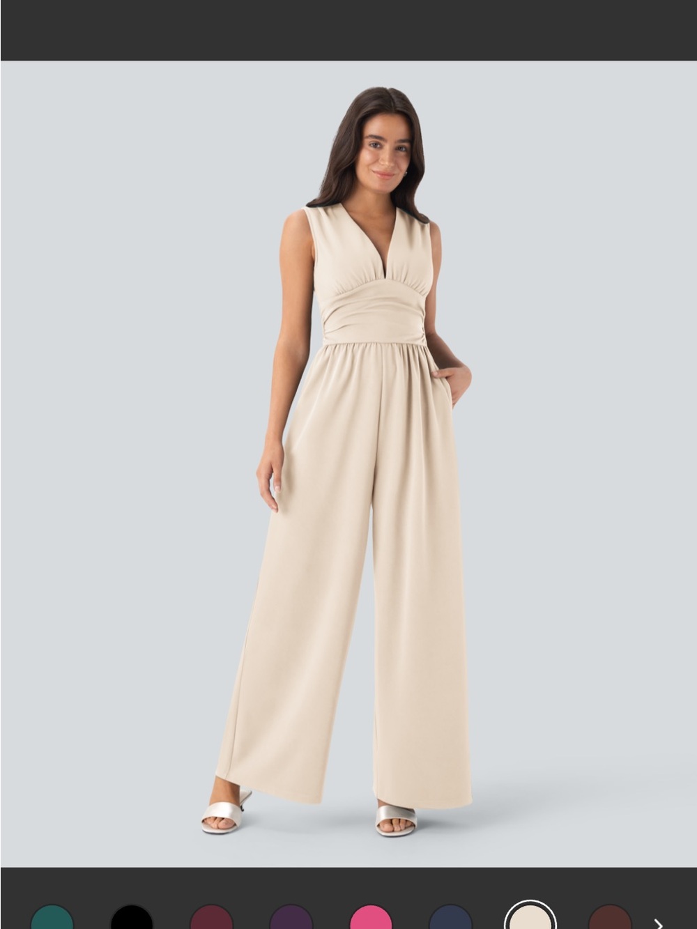 HALARA Sleeveless V-Neck Wide-Leg Jumpsuit in Beige - Picture 2 of 3